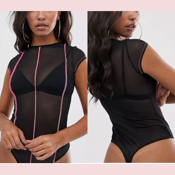NEW $32 ASOS DESIGN [ 0 US ] Contrast Stitching Seamed Mesh Bodysuit Black #5468 - Picture 1 of 15